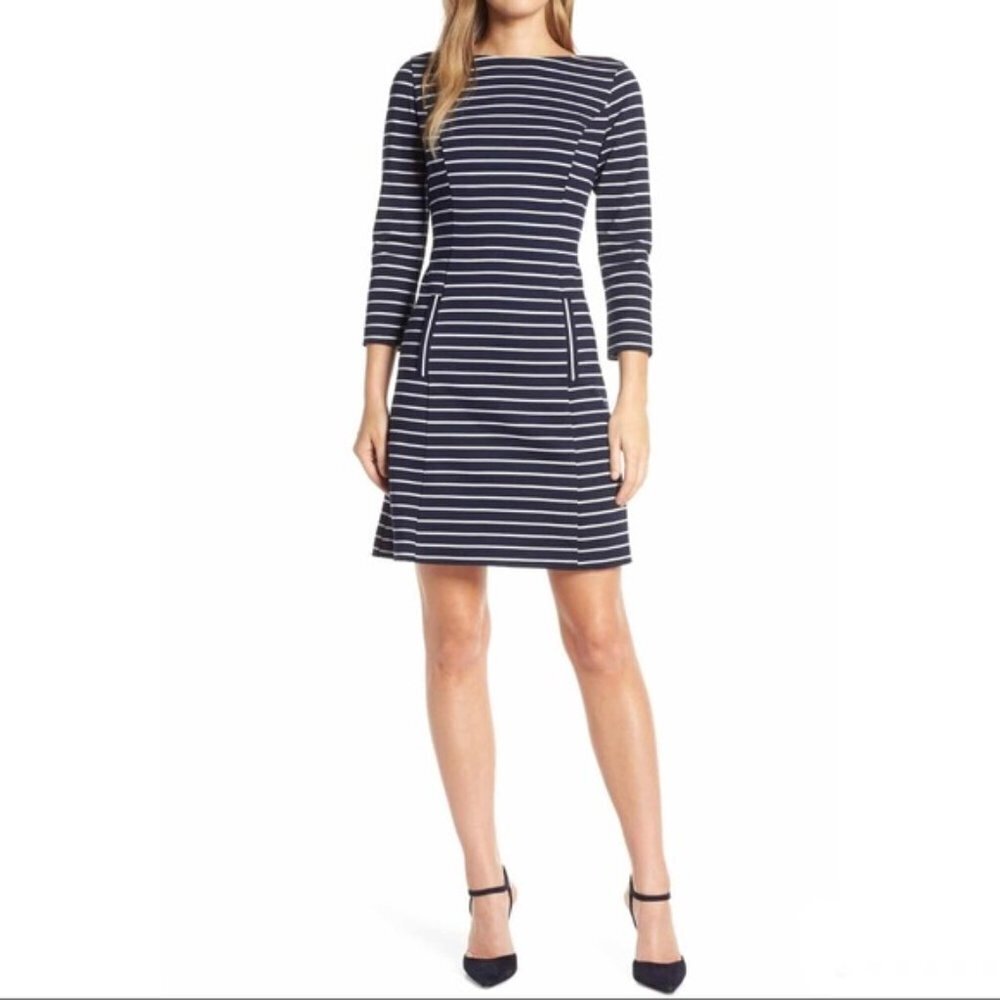 1901 Stripe Boat Neck Ponte‎ Dress Nautical Preppy Fishermancore Open Back Navy